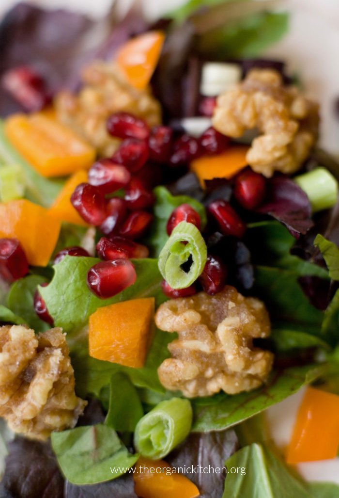 Easy Fall Salad A close up of Easy Fall Salad with walnuts and green onions