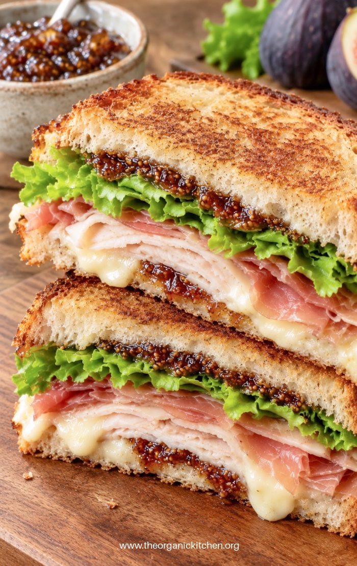 Turkey Prosciutto Grilled Cheese sandwiches on wood table 